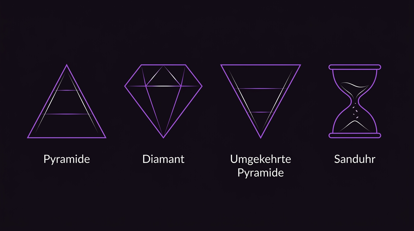 Vier Organisationsformen im Vergleich: Pyramide, Diamant, umgekehrte Pyramide und Sanduhr